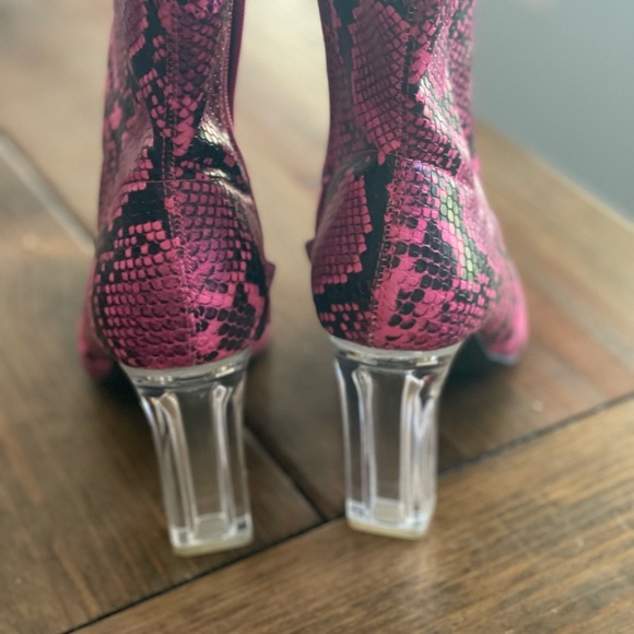 Pink and Black Snakeskin Heeled Boots with Transparent Heel - Picture 3 of 4